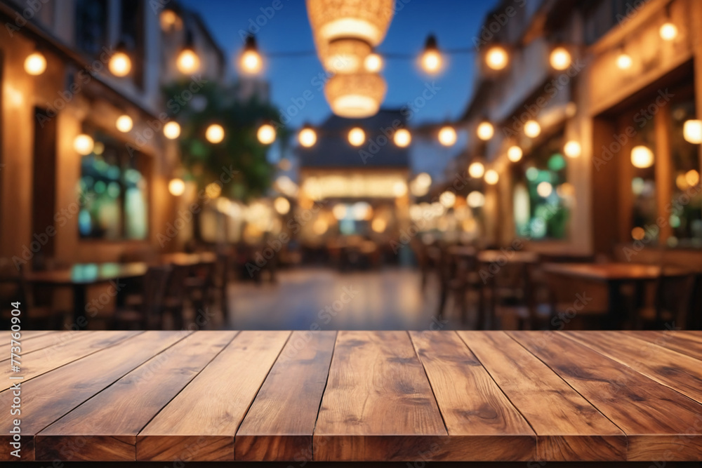 Aufkleber empty wooden table top with lights bokeh on blur restaurant background