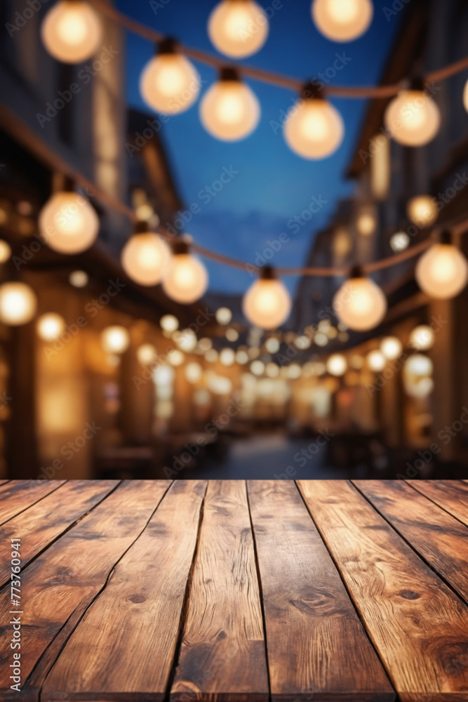 Aufkleber empty wooden table top with lights bokeh on blur restaurant background