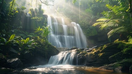A secluded waterfall hidden in a lush jungle with sunlight filtering through the canopy above AI generated illustration - obrazy, fototapety, plakaty