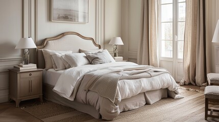 A serene bedroom with a neutral color scheme and a plush oversized bed raw AI generated illustration
