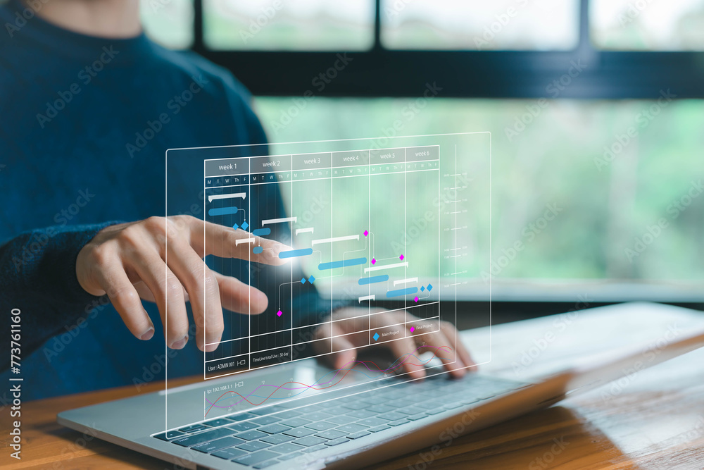 Poster updating and managing milestones on a timeline Gantt chart in technology online. project planner in software. schedule plan management work update and workflow. concept appointment staff of business