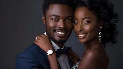 Elegant couple in formal evening wear. Happy african american black couple in stylish suit and dress smiling at new year's eve party, celebration anniversary event. Luxury rich lifestyle modern art.