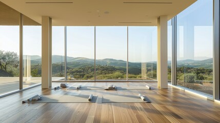 Fototapeta premium A sleek yoga studio with floor-to-ceiling windows and views of rolling hills AI generated illustration