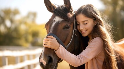 A little innocent girl loves a horse and hugs him. Child hugging an animal in nature - obrazy, fototapety, plakaty