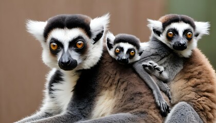 Naklejka premium A Mother Lemur Carrying Her Baby On Her Back The 2