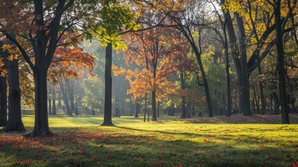 Naklejka premium A sun-dappled grove of trees with colorful autumn leaves fluttering in the breeze AI generated illustration