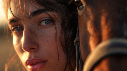 A beautiful girl hugs a horse. Close-up of a woman's face and a horse's muzzle at sunset - obrazy, fototapety, plakaty