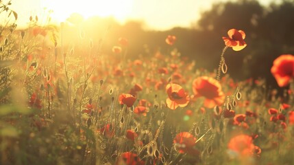 Obraz premium A sun-drenched field of poppies swaying in the breeze AI generated illustration