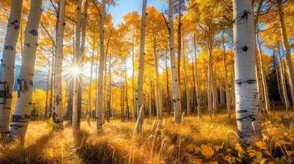 A sunlit grove of aspen trees with golden leaves fluttering in the breeze AI generated illustration