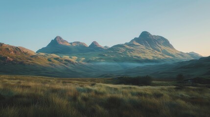 A tranquil mountain landscape with the first light of dawn illuminating the peaks AI generated illustration