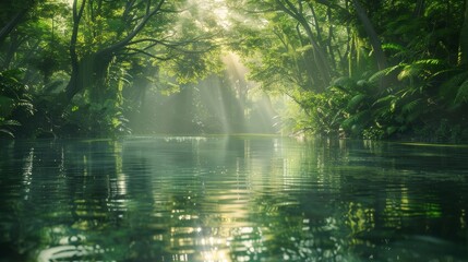 Fototapeta premium A tranquil river flowing through a dense forest with sunlight dappling the waters surface AI generated illustration
