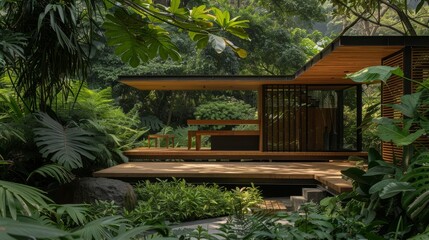 Obraz premium A wooden podium blends seamlessly with the verdant surroundings AI generated illustration