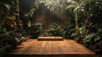 A wooden stage nestled within a lush jungle for showcasing merchandise raw AI generated illustration - obrazy, fototapety, plakaty