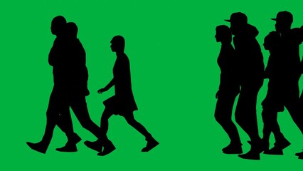 crowd walking and running silhouette green screen side view