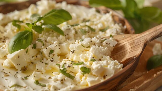 A wooden bowl filled with feta cheese chunks and fresh basil leaves.