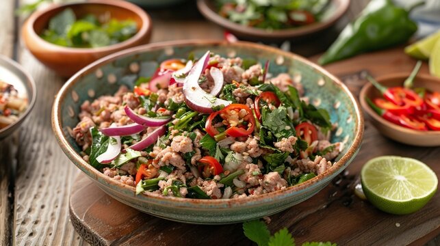 A tantalizing spicy ground meat salad, bursting with fresh herbs and zesty lime