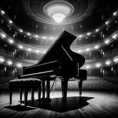  Grand piano on stage in the theater,  B&W