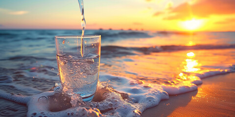 A glass of pouring crystal mineral drinking aqua water on blurred nature beach sea ocean sunset sunrise landscape background. Organic pure fresh natural water. Healthy refreshing drink. Copy paste - obrazy, fototapety, plakaty