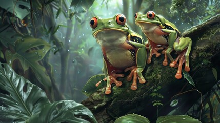 Illustration of cute frogs in a forest setting - obrazy, fototapety, plakaty