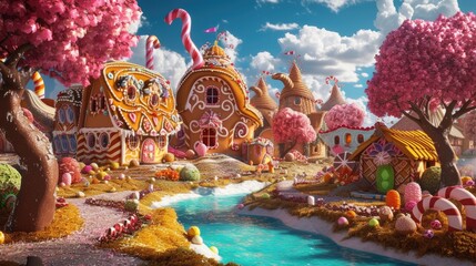 A whimsical and colorful candy village with houses made of confectionery delights and a river flowing with liquid sweetness. Resplendent. - obrazy, fototapety, plakaty