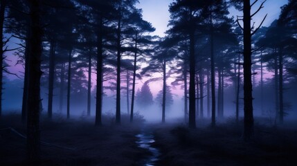 Fototapeta na wymiar At twilight, the foggy pine forests are nature's lullaby, with the sun's serene serenade painting indigo and amethyst shades