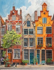 Fototapeta premium Colored pencil drawing of dutch houses colorful