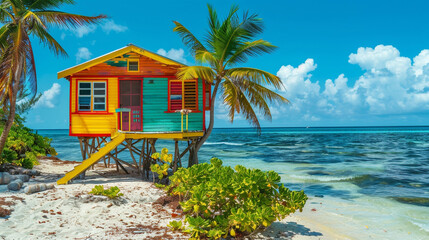A tiny colorful Caribbean beach house on stilts