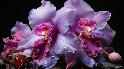 A close-up view of an exotic and rare Cattleya Orchid, its vibrant purple blooms contrasting...
