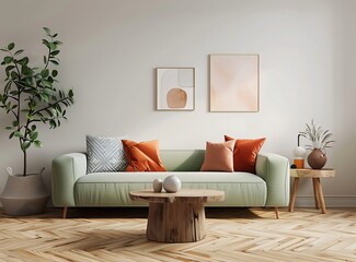 Scandinavian interior design of a modern living room at home with elegant personal accessories, a light green sofa and a wooden rustic table in a minimal style and a colorful plant