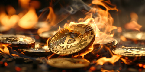 Bitcoin cryptocurrency gold coin profit comes out from laptop screen. Trading on the cryptocurrency exchange. The concept of investing in bitcoin and cryptocurrency e-business