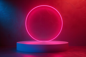 Minimal circular podium, bold neon circular lighting, shadowed for dramatic effect background