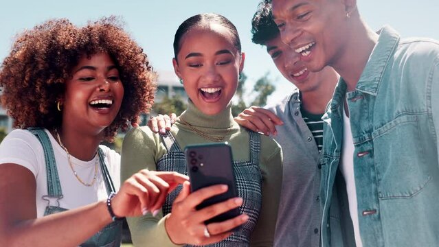 Smartphone, laugh and group of friends in park at university for social media, networking and online chat. College, campus and men and women with phone for funny website, internet meme and message