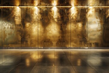 A large abandoned golden room gold wall with subtle shimmering reflections, illuminated by bright lights