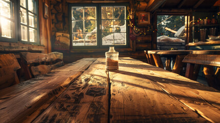 An inviting rustic cabin scene with a glass jar on a wooden table lit beautifully through the cabin windows