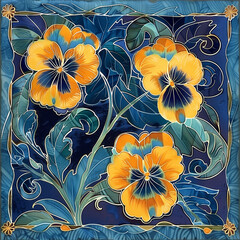 imitation batik of pansy flowers in Art Nouveau style