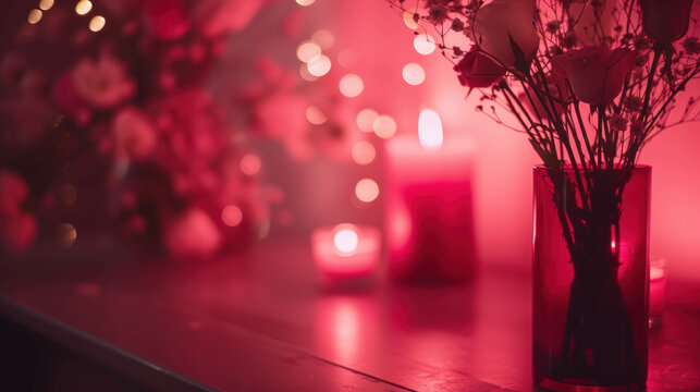 Valentine's Day background Romantic Candlelight photo with red flowers, Feeling of love and passion love emotions, Spa and perfume advertising