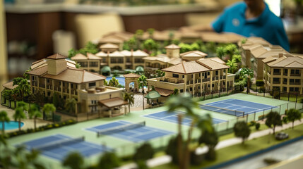 A real estate agent displaying a detailed miniature of a resort-style community with amenities like tennis courts and spa facilities