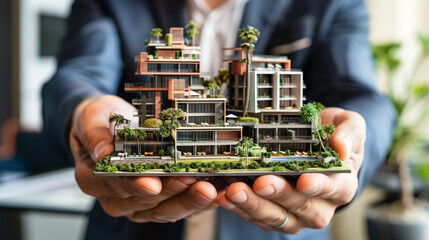 A professional real estate developer holding a small, intricate replica of a luxury condominium complex, showcasing the amenities and communal spaces, in a high-end showroom environment.