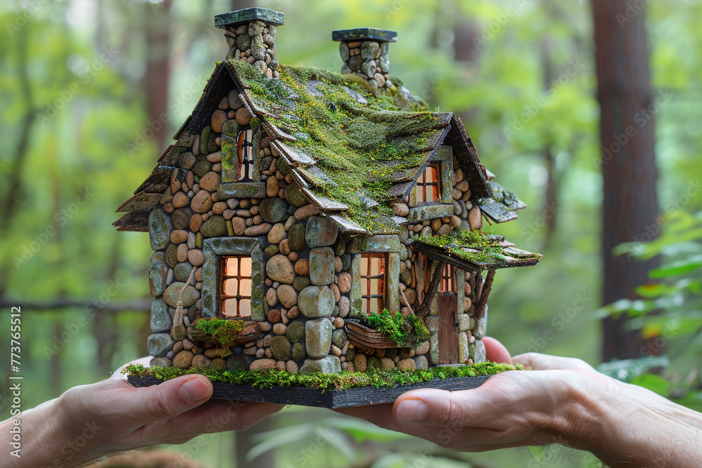 Wall mural A pair of hands lifting a small, rustic stone house, complete with a moss-covered roof and tiny windows, in a forest setting.