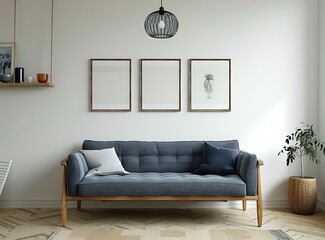 Scandinavian living room with a blue armchair, a wooden sofa and posters on the white wall, a simple home interior design of a modern apartment, stock photo 2/3 place for text