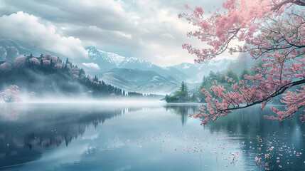 quiet lake in the mountain surrounded by beautiful nature scenery, Cherry blossoms blooming near the lake Foggy, cloudy sky	

