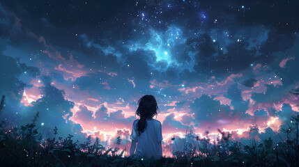Fototapeta na wymiar Anime girl stargazing. Cute girl looking at the night sky. Atmospheric, moody feeling. Manga, lofi style. Sad beautiful background. 4K night. With clouds and stars.