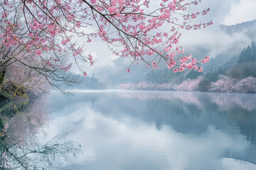 quiet lake in the mountain surrounded by beautiful nature scenery, Cherry blossoms blooming near the lake Foggy, cloudy sky	
