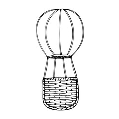Obraz premium Cute single element of air balloon in doodle style. Hot air balloon with wicker basket. Hand drawn vector illustration for greeting cards, posters, stickers and seasonal design. Isolated on white.