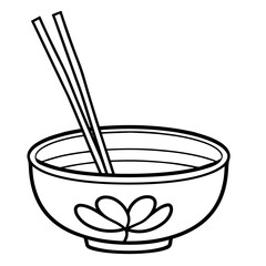 Elegant bowl and chopsticks outline icon in vector format for Asian cuisine designs.