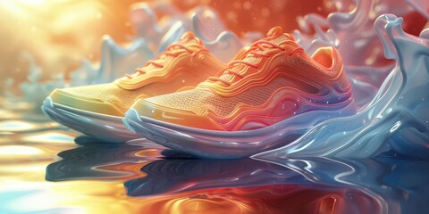 Surreal 3D render of a whimsical, floating shoe display with gravity-defying, iridescent sneakers and a swirling, rainbow-hued background - obrazy, fototapety, plakaty