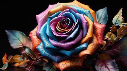 An artistic capture of the vibrant and rare Rainbow Rose, its multicolored petals standing out...