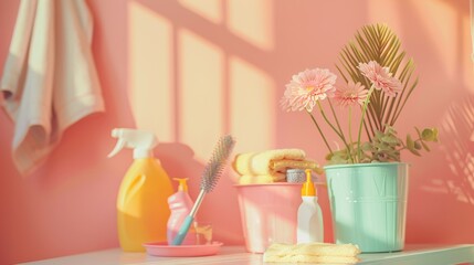 A row of pink cleaning tools including a toothbrush a scrub brush and a sponge. maid and house keeper
