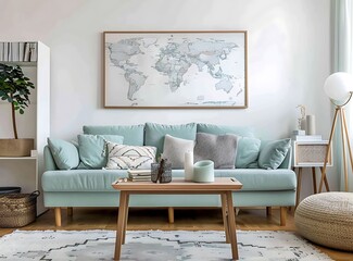 Scandinavian style interior of a living room with a light turquoise sofa, wooden table and personal accessories in an elegant home decor