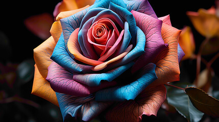 An artistic capture of the vibrant and rare Rainbow Rose, its multicolored petals standing out...